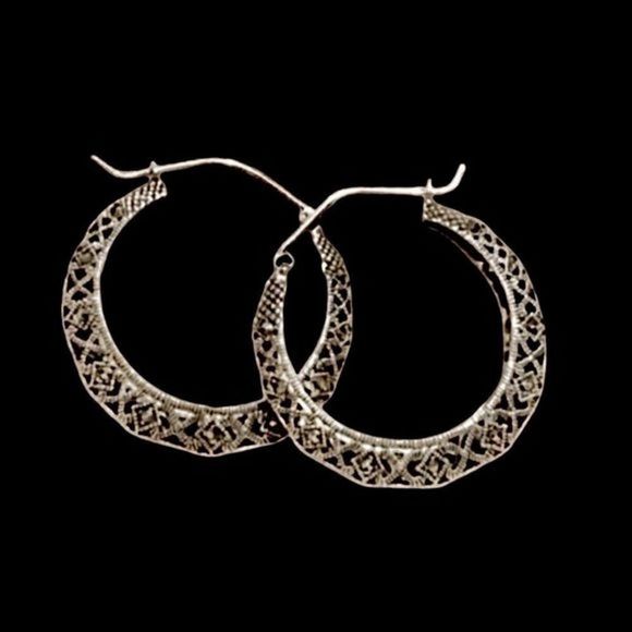 Vintage Sterling Silver Marcasite Cut Out Hinge Back Classic Hoops Earrings - Picture 11 of 11